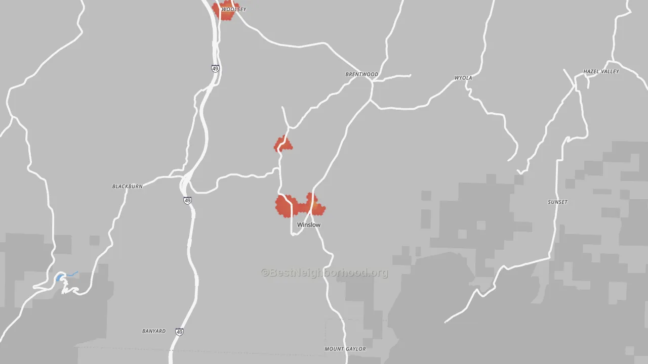 Walk Grade map of 72959, AR, walkable areas in green and car-dependent areas in red