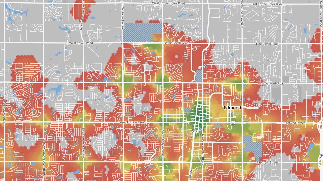 Walk Grade map of 73003, OK, walkable areas in green and car-dependent areas in red