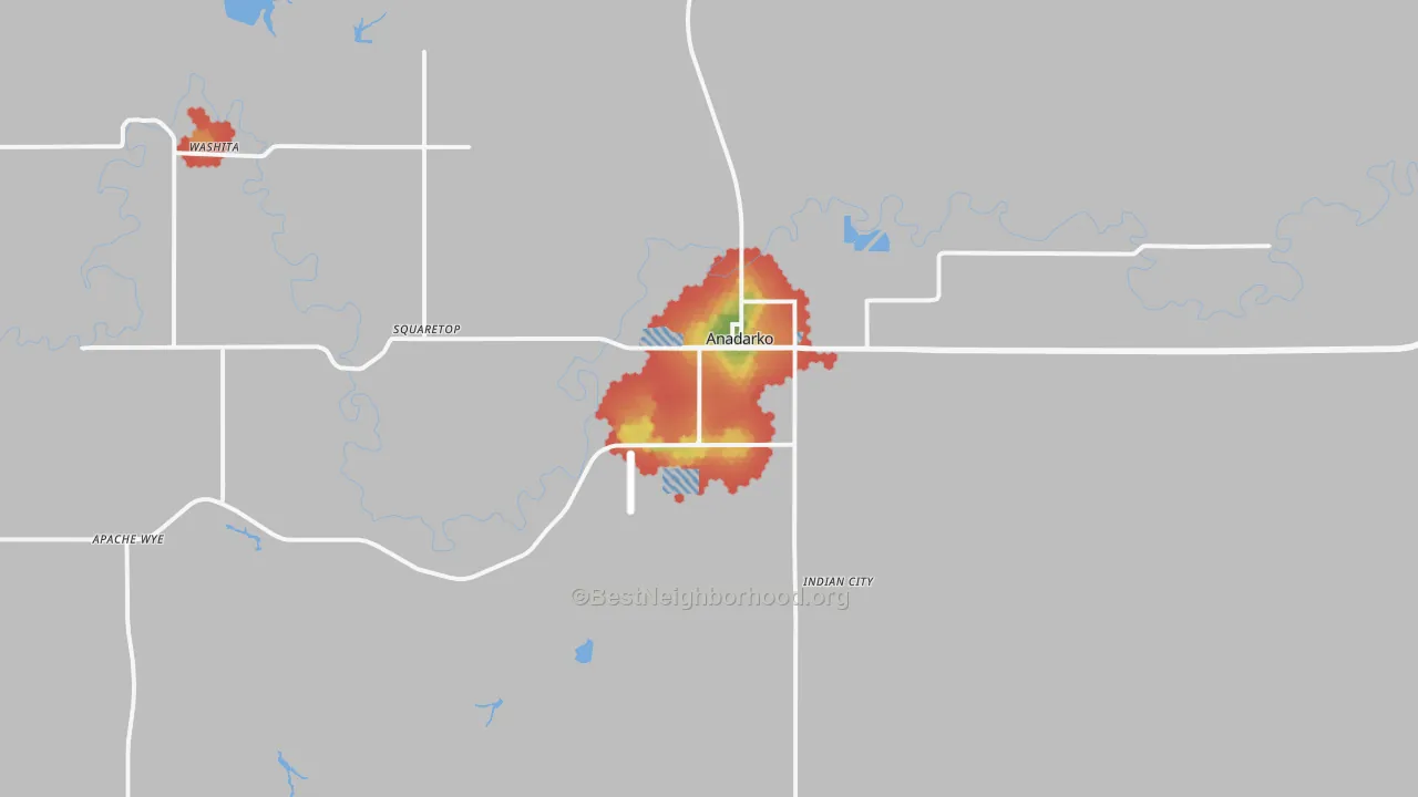 Walk Grade map of 73005, OK, walkable areas in green and car-dependent areas in red
