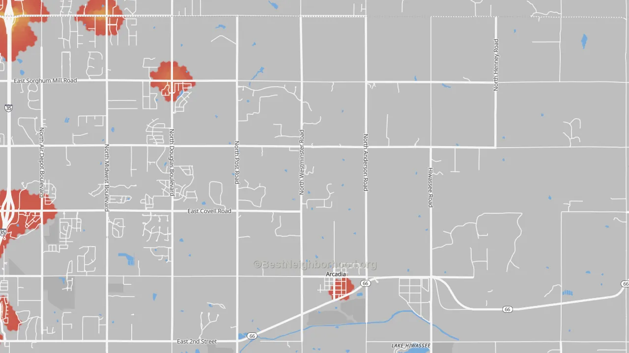 Walk Grade map of 73007, OK, walkable areas in green and car-dependent areas in red