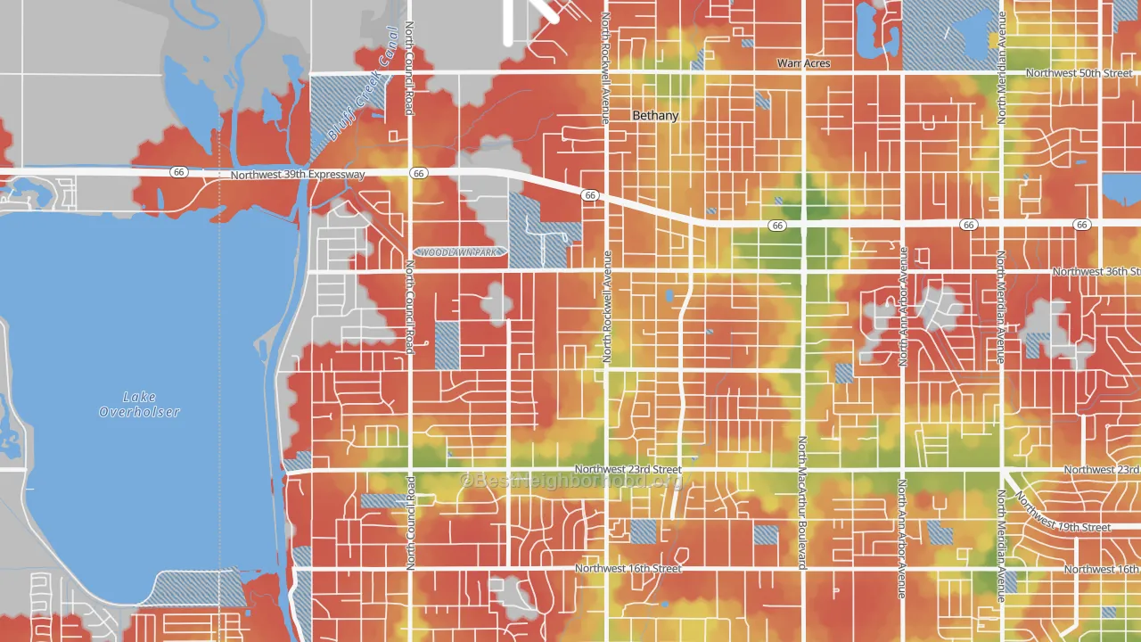 Walk Grade map of 73008, OK, walkable areas in green and car-dependent areas in red