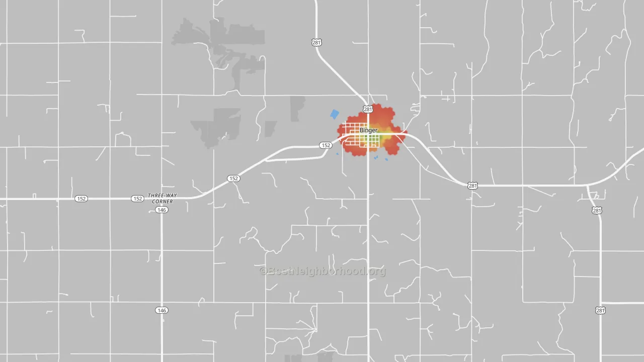 Walk Grade map of 73009, OK, walkable areas in green and car-dependent areas in red