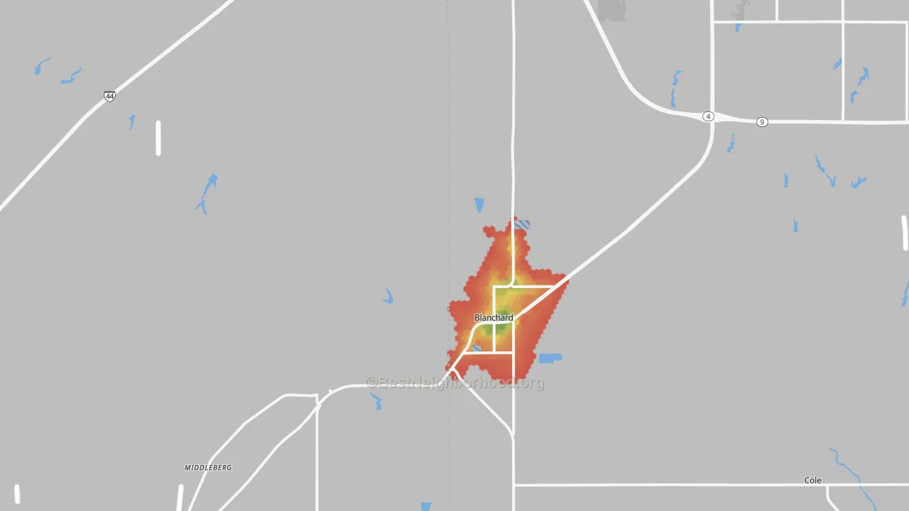 Walk Grade map of 73010, OK, walkable areas in green and car-dependent areas in red