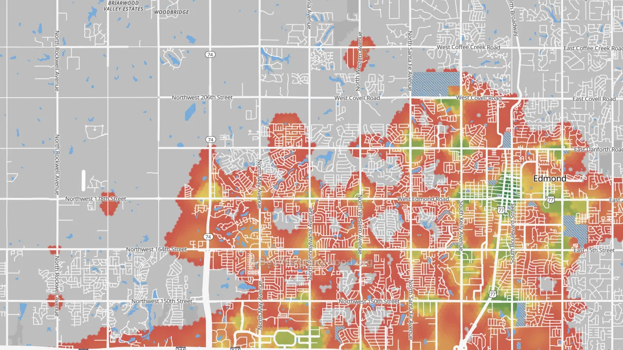 Walk Grade map of 73012, OK, walkable areas in green and car-dependent areas in red