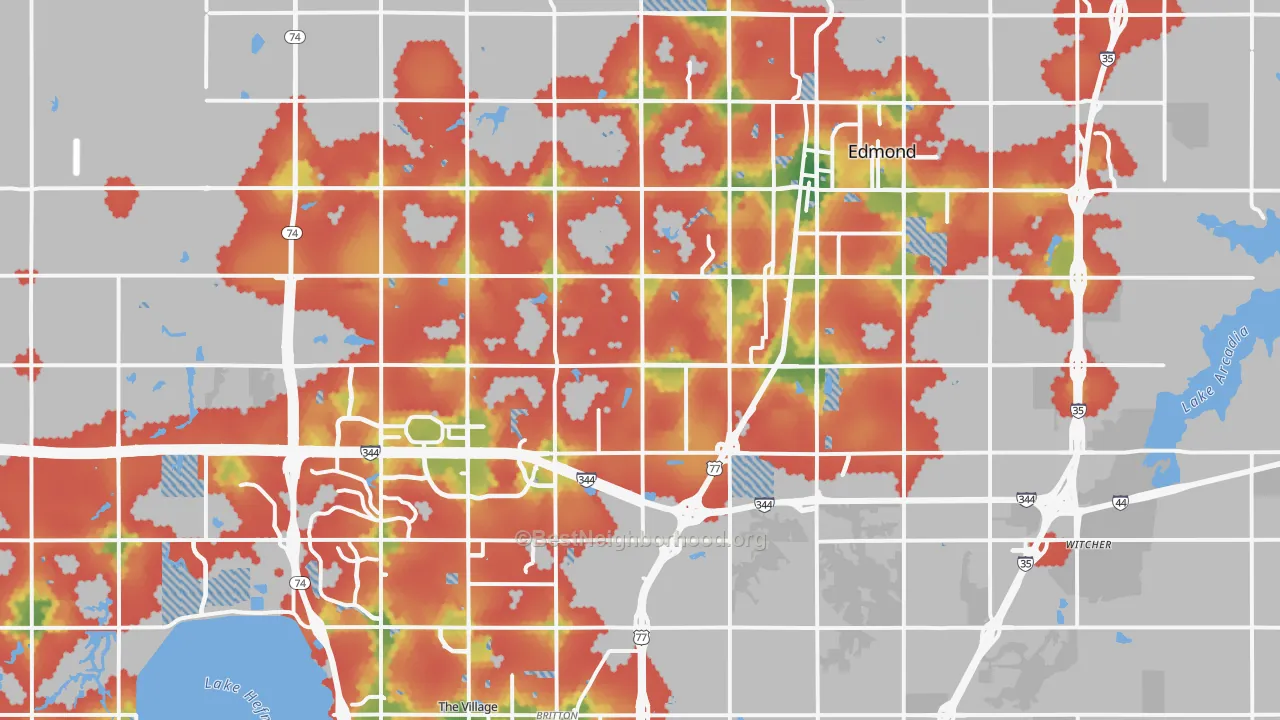 Walk Grade map of 73013, OK, walkable areas in green and car-dependent areas in red