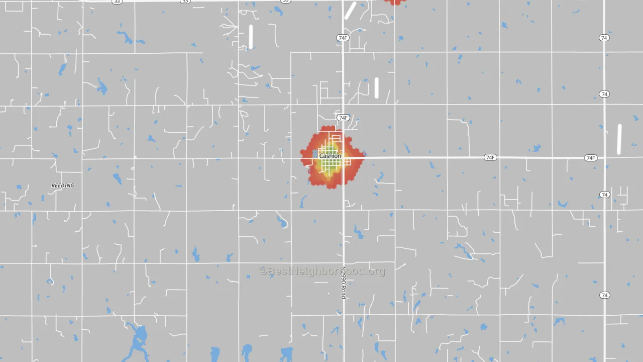 Walk Grade map of 73016, OK, walkable areas in green and car-dependent areas in red