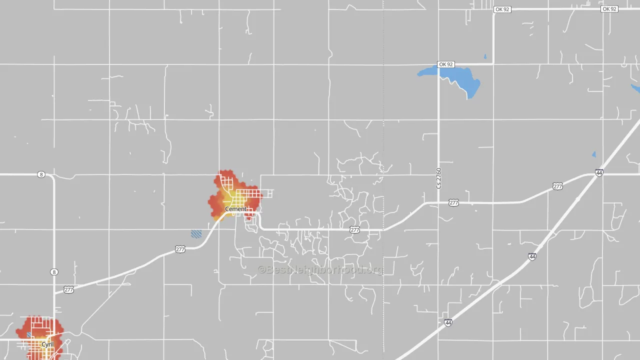 Walk Grade map of 73017, OK, walkable areas in green and car-dependent areas in red