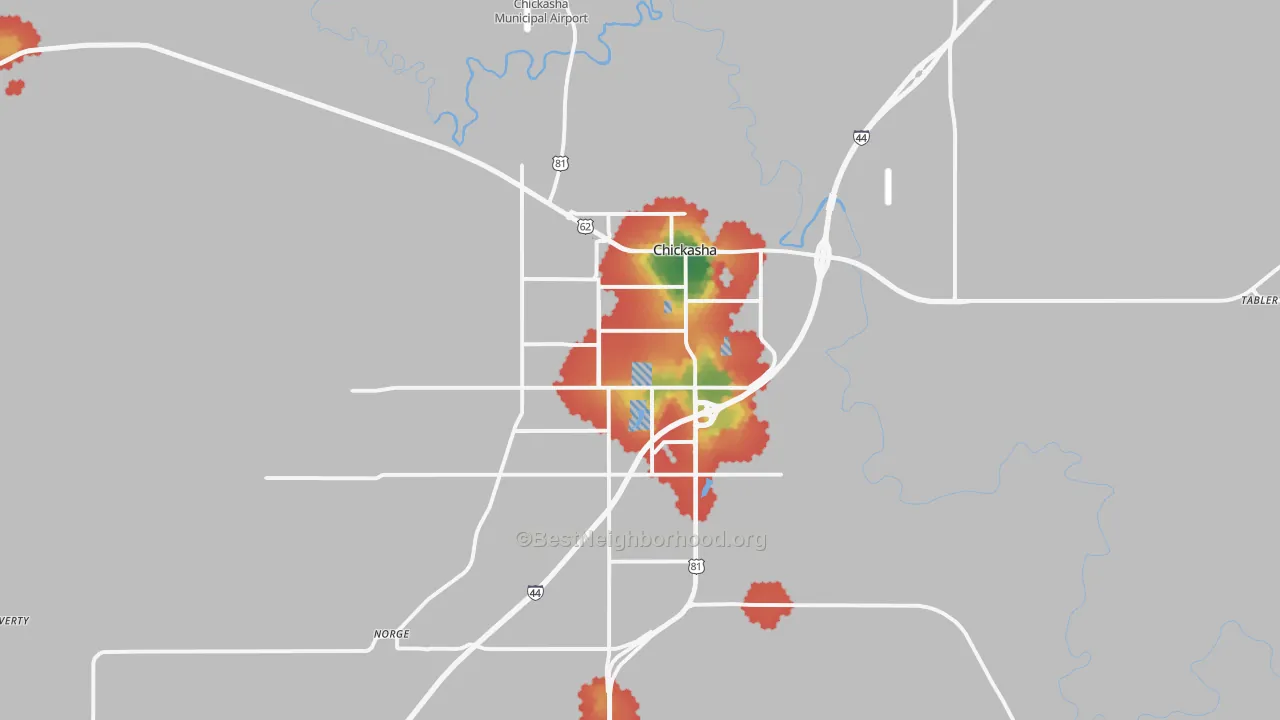 Walk Grade map of 73018, OK, walkable areas in green and car-dependent areas in red