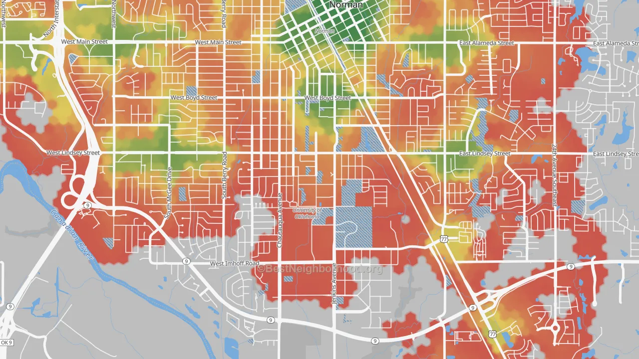 Walk Grade map of 73019, OK, walkable areas in green and car-dependent areas in red