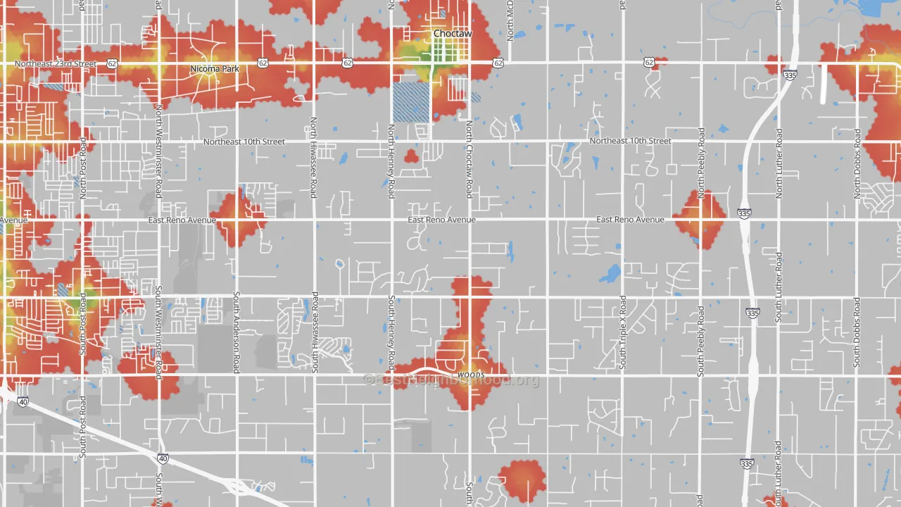 Walk Grade map of 73020, OK, walkable areas in green and car-dependent areas in red