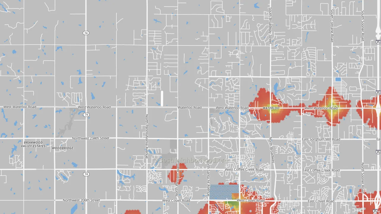 Walk Grade map of 73025, OK, walkable areas in green and car-dependent areas in red