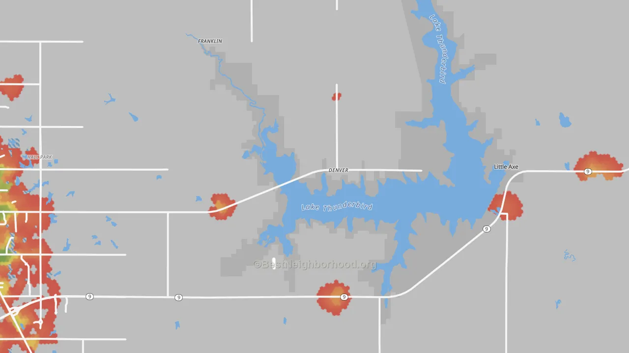 Walk Grade map of 73026, OK, walkable areas in green and car-dependent areas in red