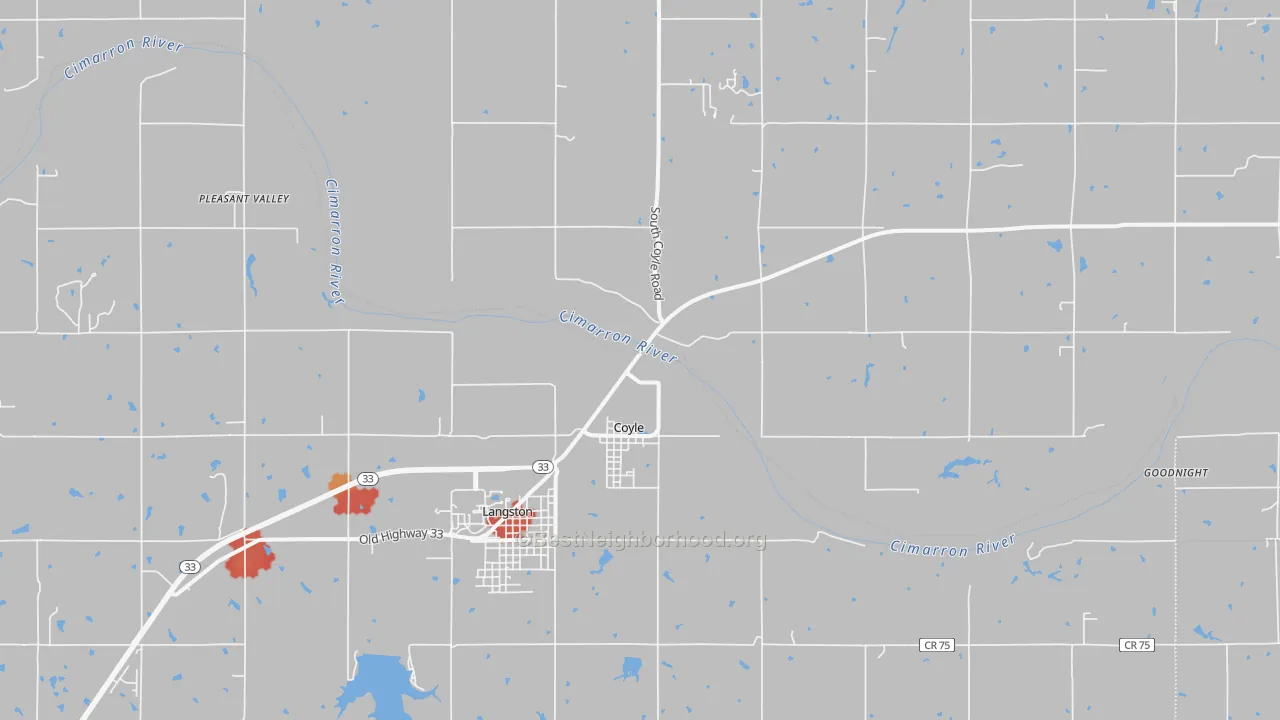 Walk Grade map of 73027, OK, walkable areas in green and car-dependent areas in red