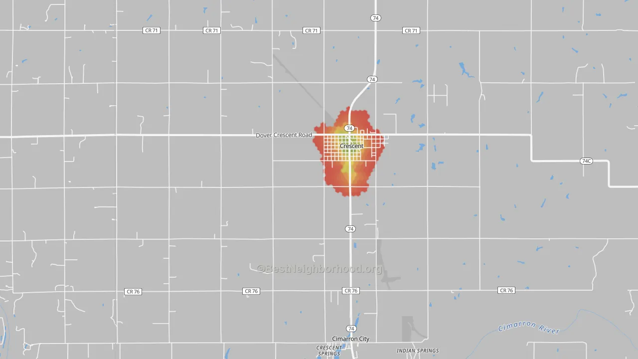 Walk Grade map of 73028, OK, walkable areas in green and car-dependent areas in red