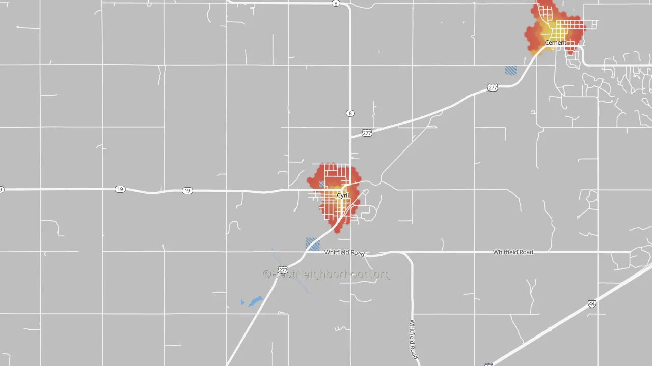 Walk Grade map of 73029, OK, walkable areas in green and car-dependent areas in red