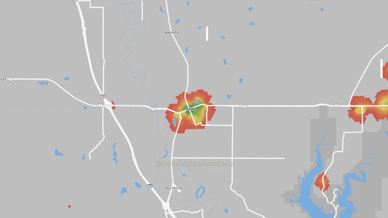 Walk Grade map of 73030, OK, walkable areas in green and car-dependent areas in red
