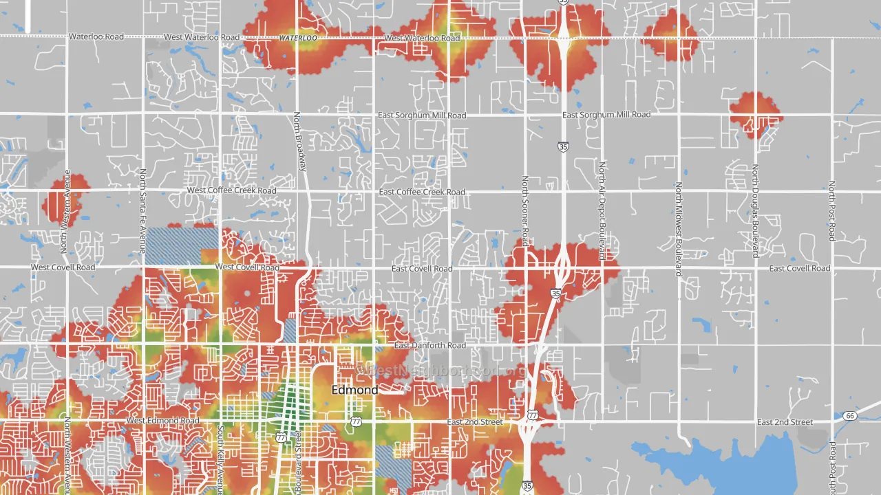 Walk Grade map of 73034, OK, walkable areas in green and car-dependent areas in red