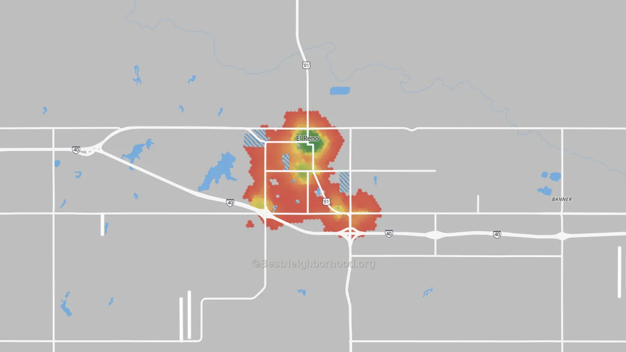 Walk Grade map of 73036, OK, walkable areas in green and car-dependent areas in red