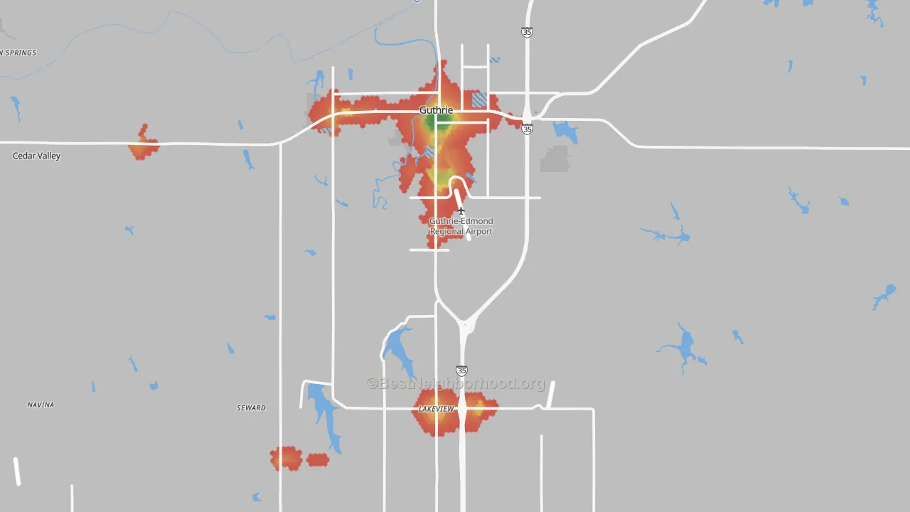 Walk Grade map of 73044, OK, walkable areas in green and car-dependent areas in red