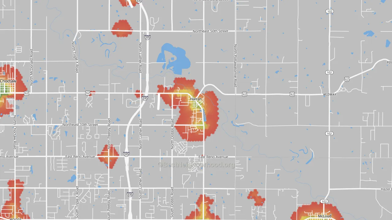 Walk Grade map of 73045, OK, walkable areas in green and car-dependent areas in red