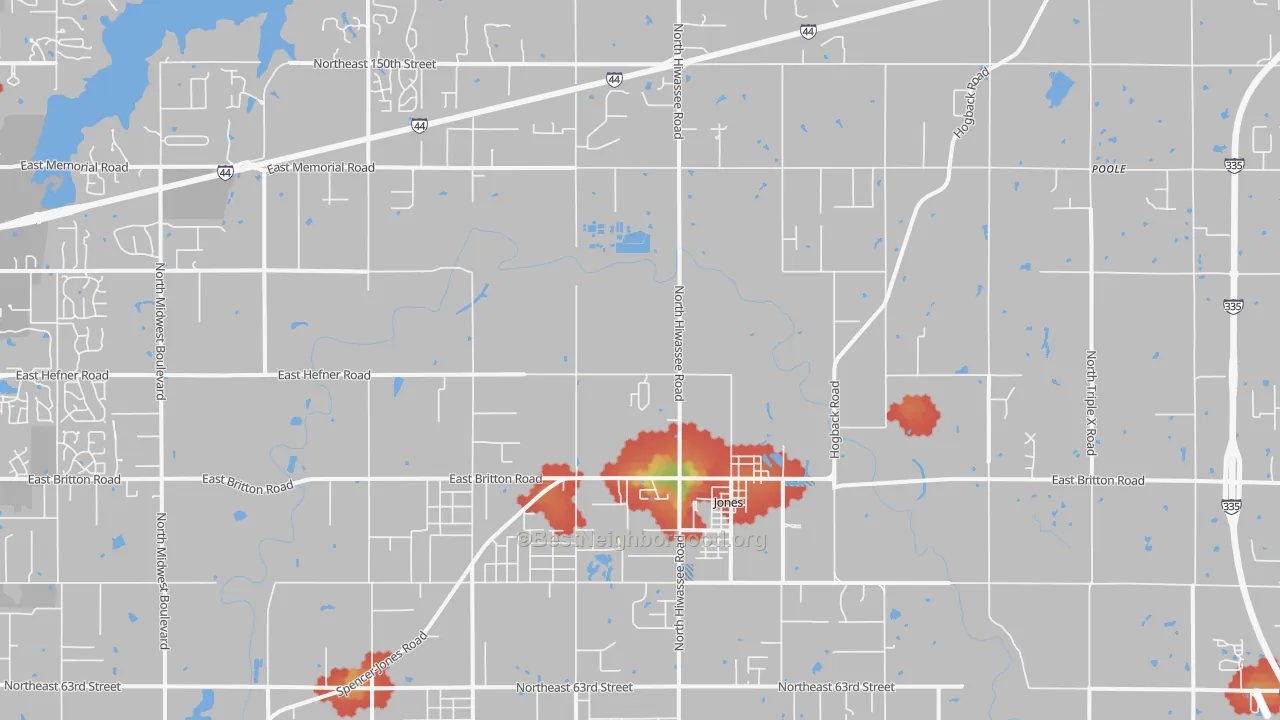 Walk Grade map of 73049, OK, walkable areas in green and car-dependent areas in red