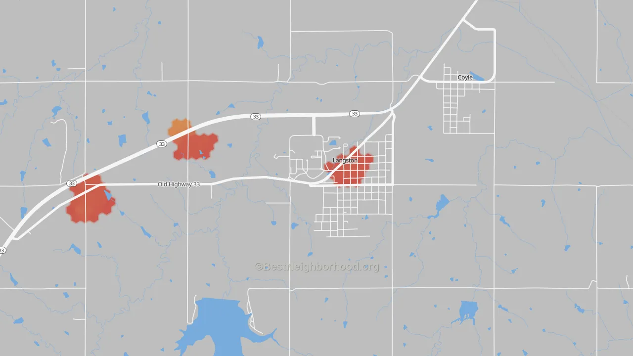 Walk Grade map of 73050, OK, walkable areas in green and car-dependent areas in red