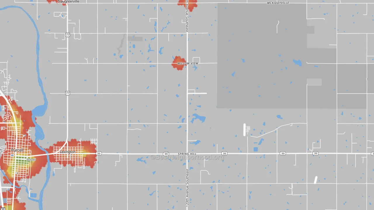 Walk Grade map of 73051, OK, walkable areas in green and car-dependent areas in red