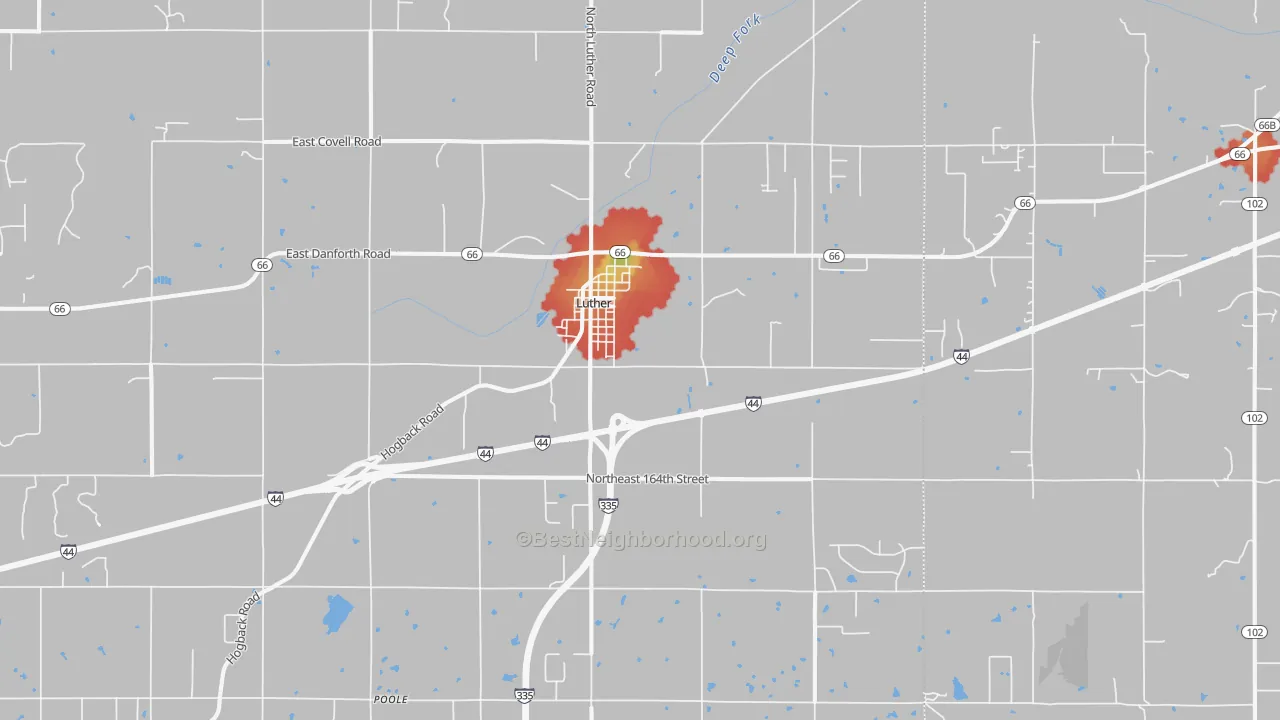 Walk Grade map of 73054, OK, walkable areas in green and car-dependent areas in red