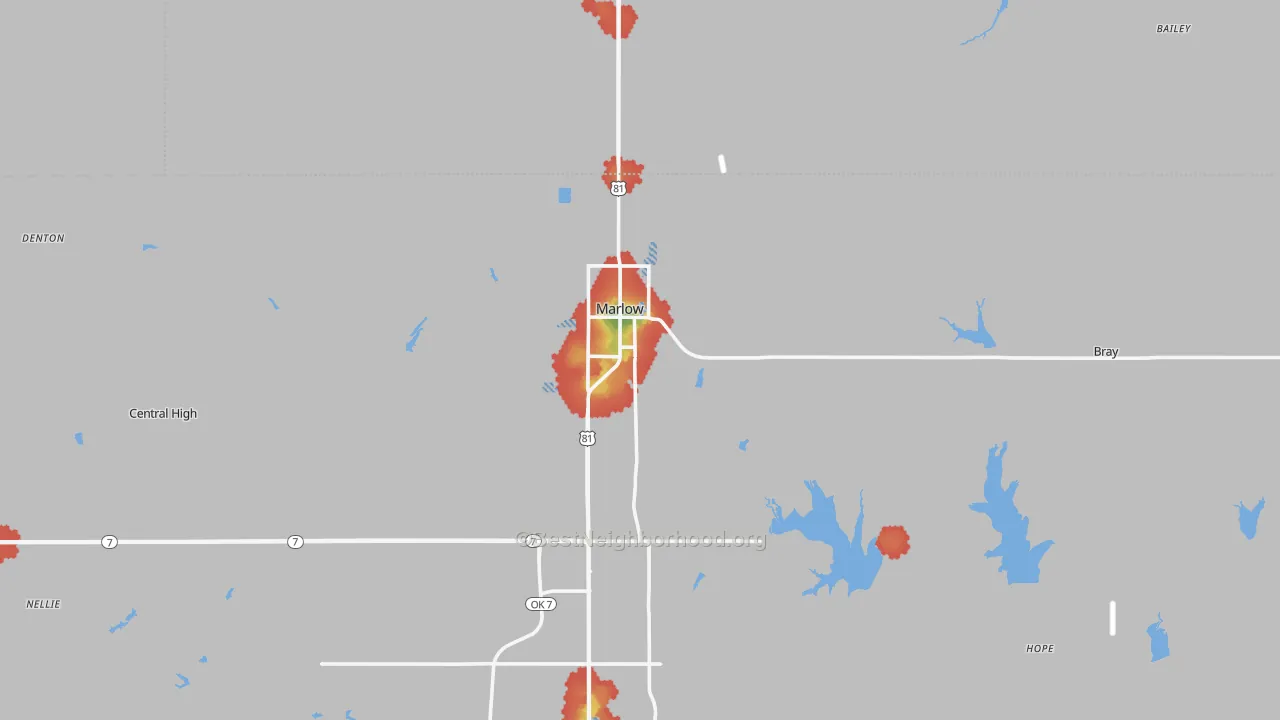 Walk Grade map of 73055, OK, walkable areas in green and car-dependent areas in red