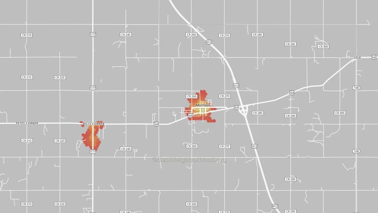Walk Grade map of 73061, OK, walkable areas in green and car-dependent areas in red