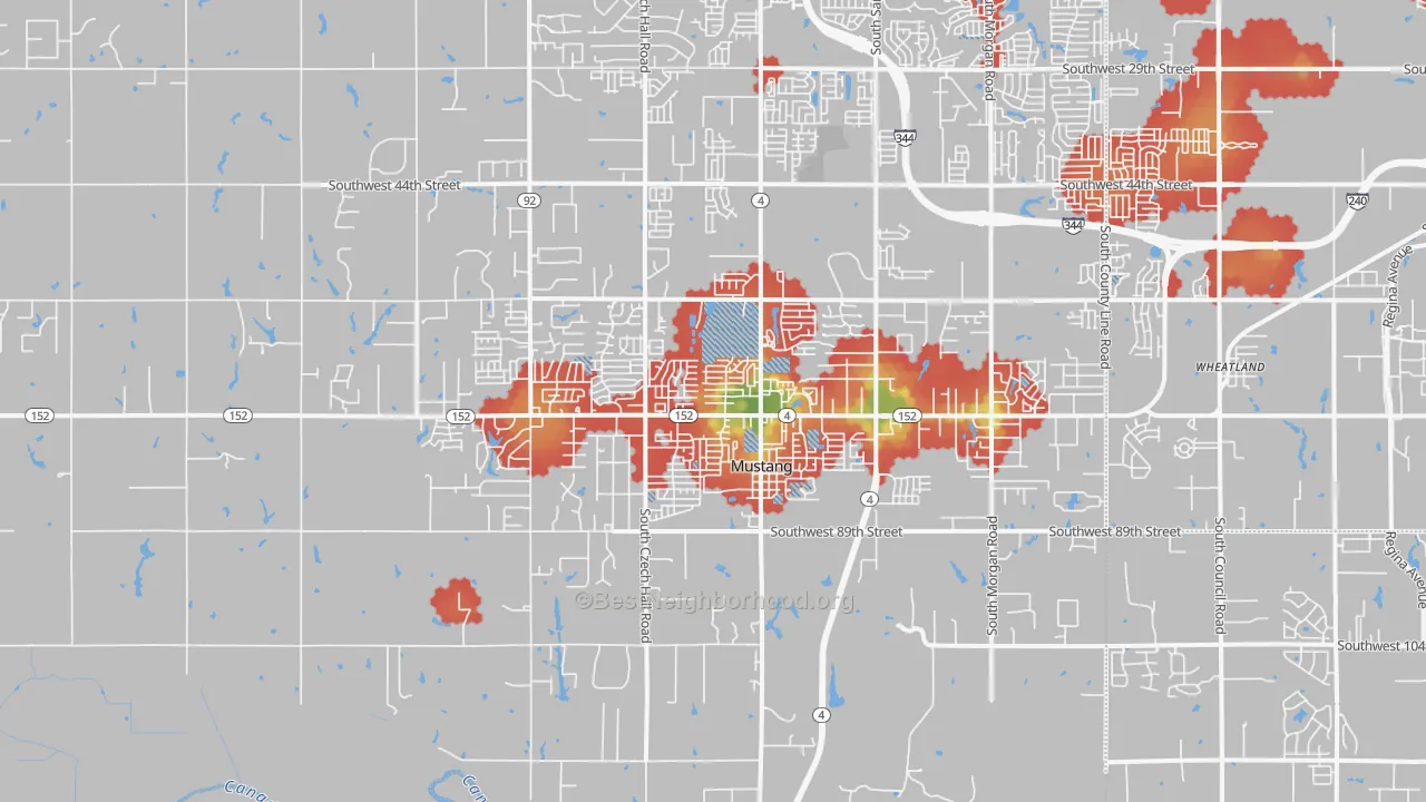 Walk Grade map of 73064, OK, walkable areas in green and car-dependent areas in red