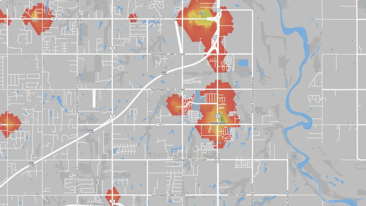 Walk Grade map of 73065, OK, walkable areas in green and car-dependent areas in red