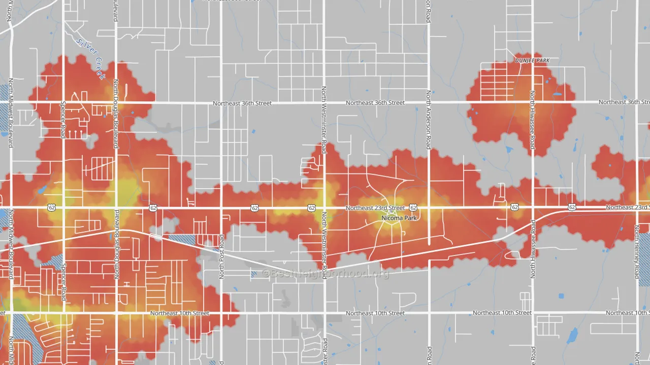 Walk Grade map of 73066, OK, walkable areas in green and car-dependent areas in red