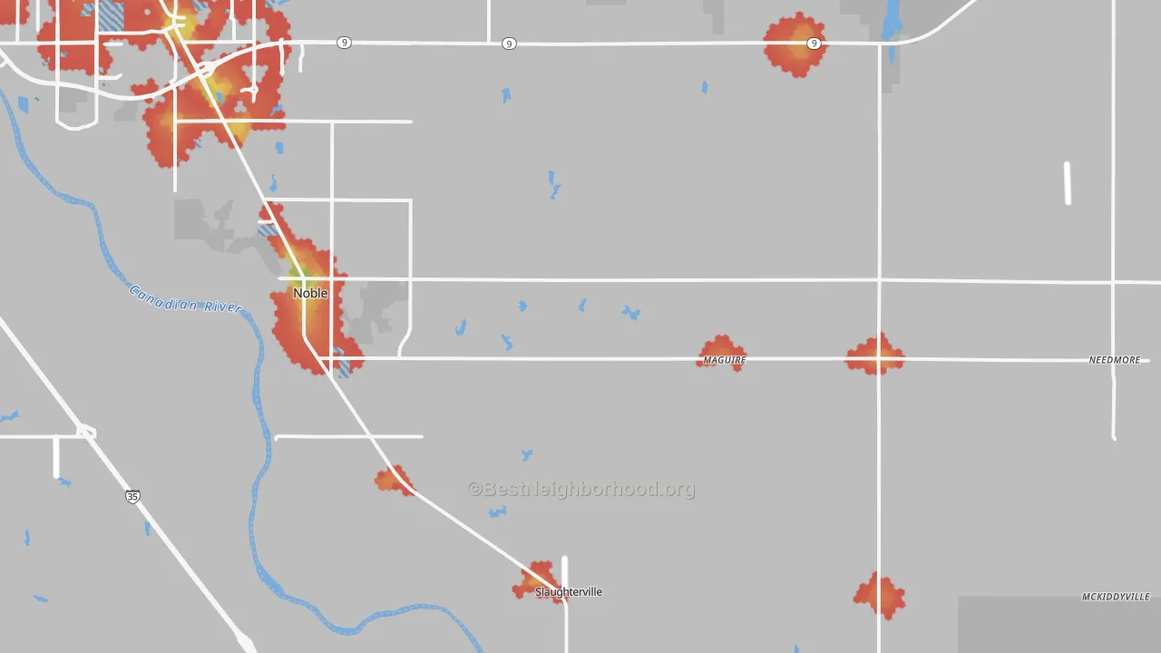 Walk Grade map of 73068, OK, walkable areas in green and car-dependent areas in red