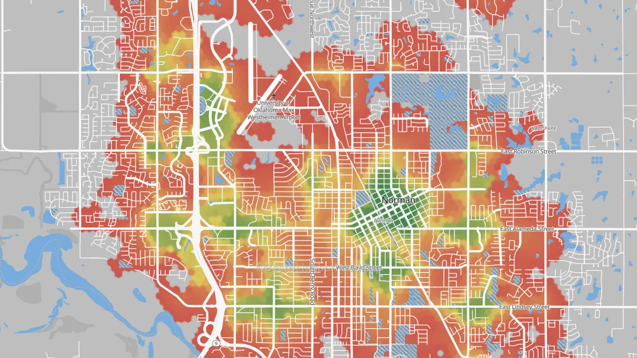 Walk Grade map of 73069, OK, walkable areas in green and car-dependent areas in red