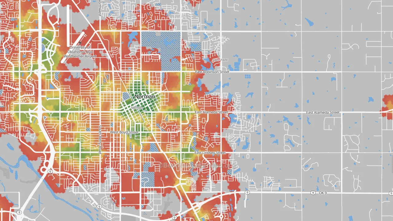 Walk Grade map of 73071, OK, walkable areas in green and car-dependent areas in red