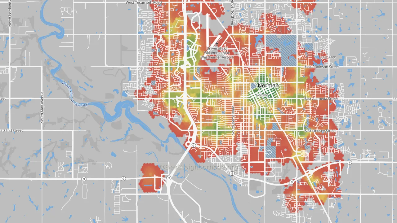 Walk Grade map of 73072, OK, walkable areas in green and car-dependent areas in red