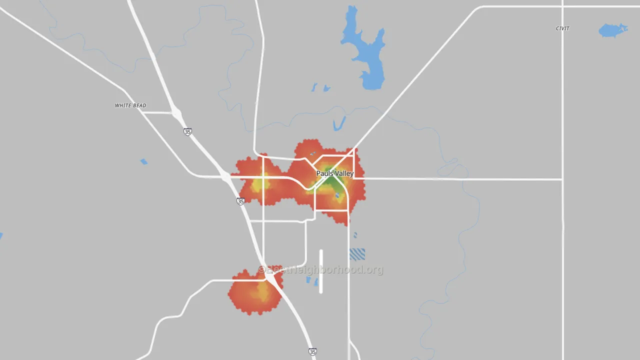 Walk Grade map of 73075, OK, walkable areas in green and car-dependent areas in red
