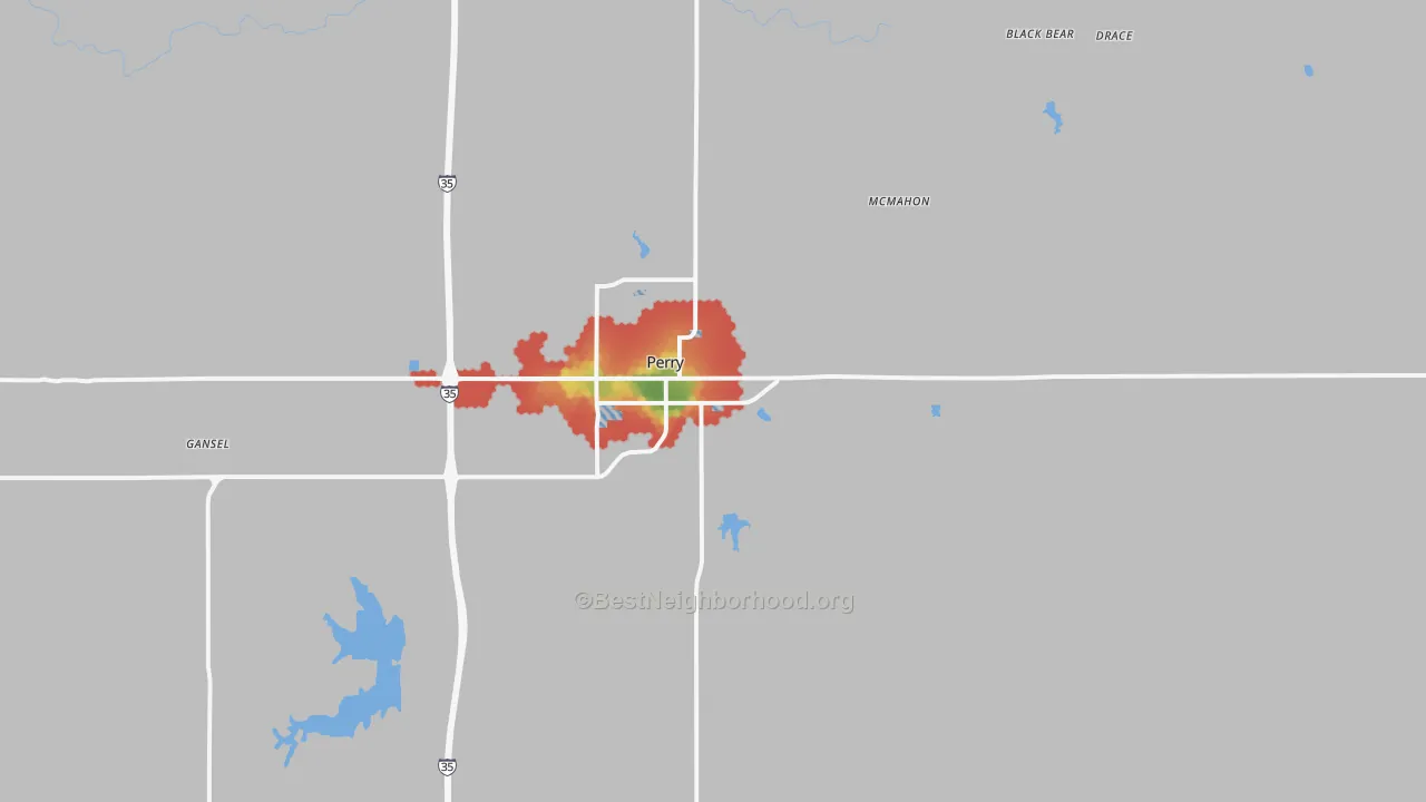 Walk Grade map of 73077, OK, walkable areas in green and car-dependent areas in red