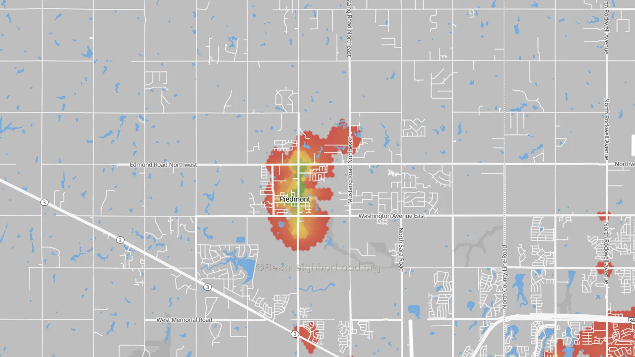Walk Grade map of 73078, OK, walkable areas in green and car-dependent areas in red