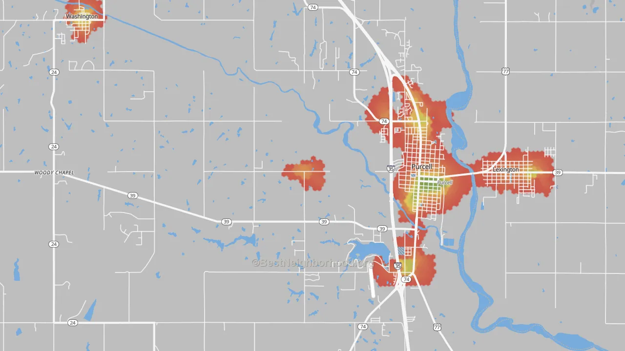 Walk Grade map of 73080, OK, walkable areas in green and car-dependent areas in red