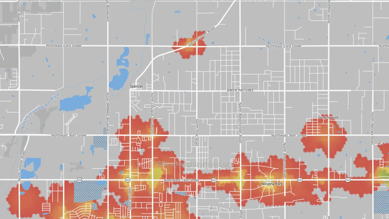 Walk Grade map of 73084, OK, walkable areas in green and car-dependent areas in red