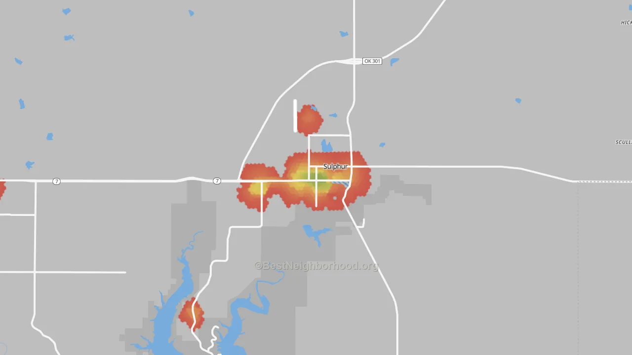 Walk Grade map of 73086, OK, walkable areas in green and car-dependent areas in red