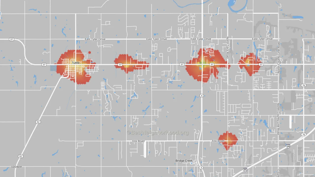 Walk Grade map of 73089, OK, walkable areas in green and car-dependent areas in red