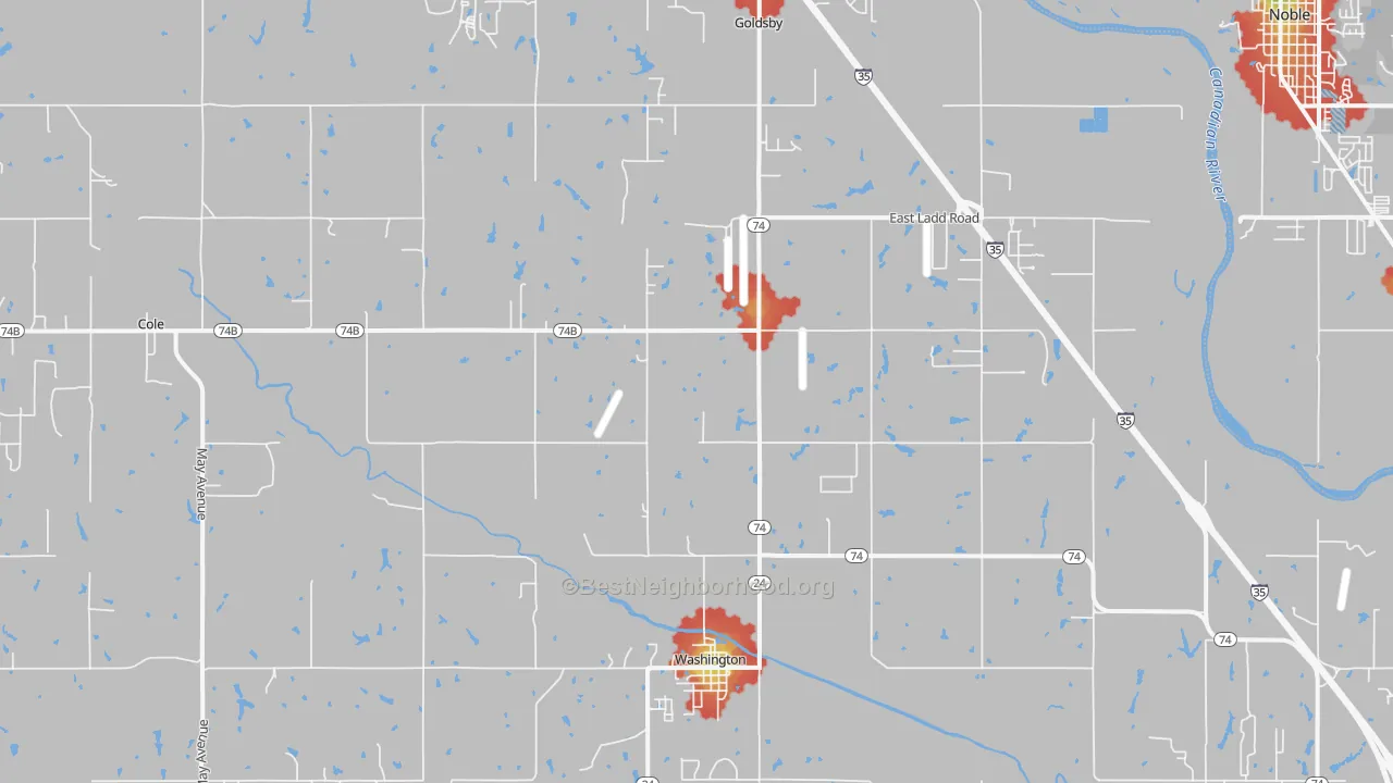 Walk Grade map of 73093, OK, walkable areas in green and car-dependent areas in red