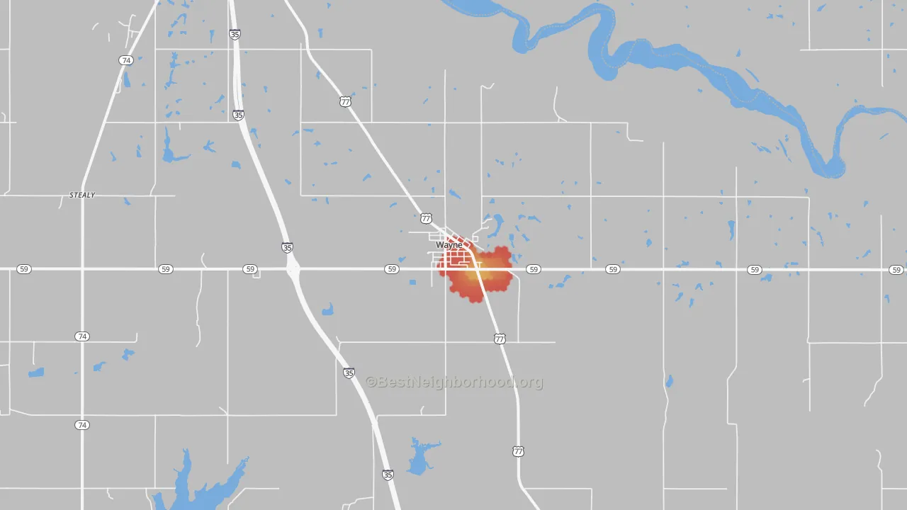 Walk Grade map of 73095, OK, walkable areas in green and car-dependent areas in red