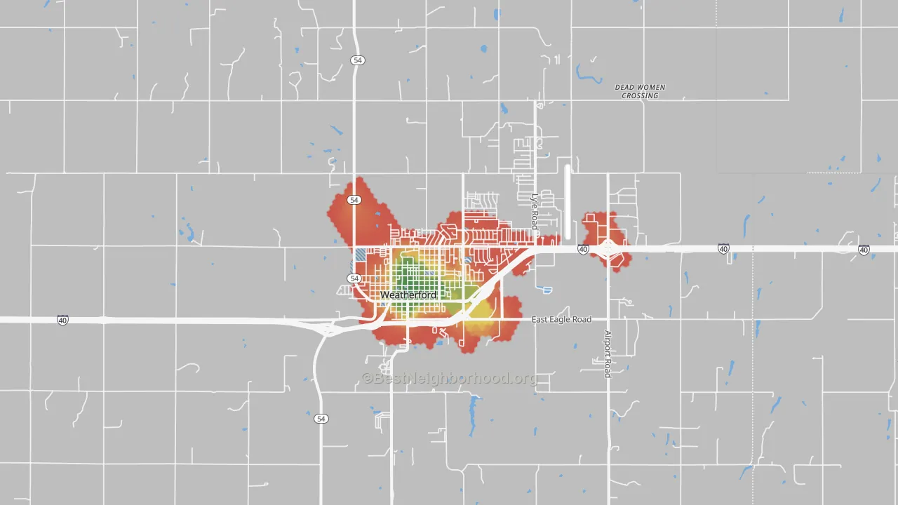 Walk Grade map of 73096, OK, walkable areas in green and car-dependent areas in red