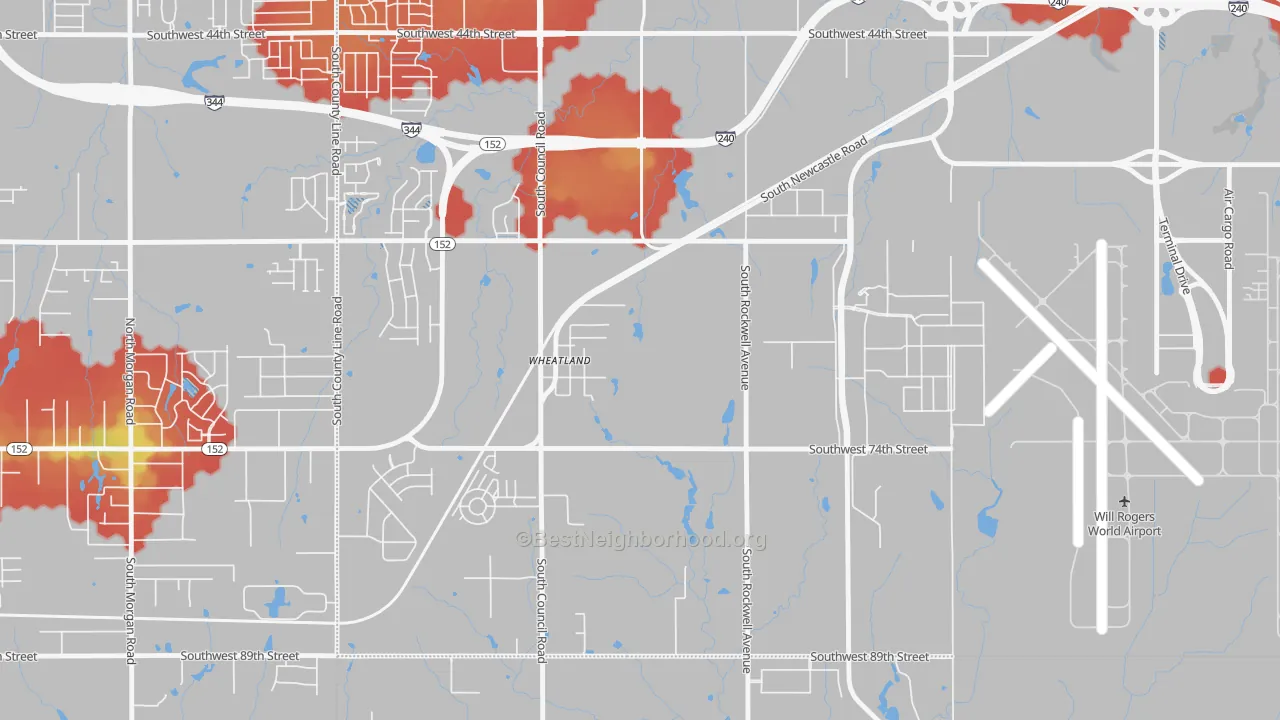 Walk Grade map of 73097, OK, walkable areas in green and car-dependent areas in red
