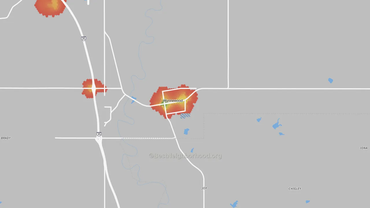 Walk Grade map of 73098, OK, walkable areas in green and car-dependent areas in red