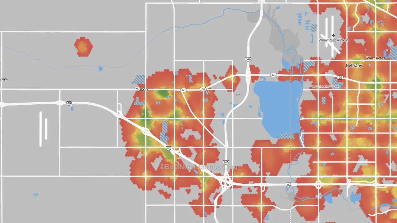 Walk Grade map of 73099, OK, walkable areas in green and car-dependent areas in red